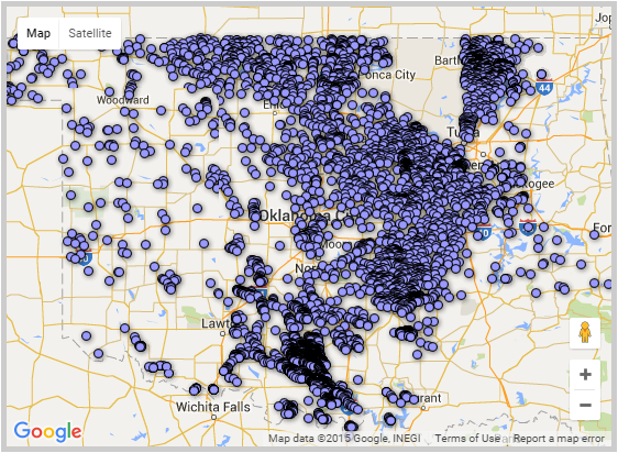 Die Karte des US Bundesstaates Oklahoma mit Verpressstellen von Fracking Abwässern