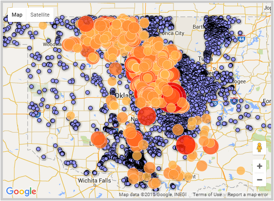 Die Karte des US Bundesstaates Oklahoma mit Verpressstellen von Fracking Abwässern und Erdbeben der Stärke 3 oder höher